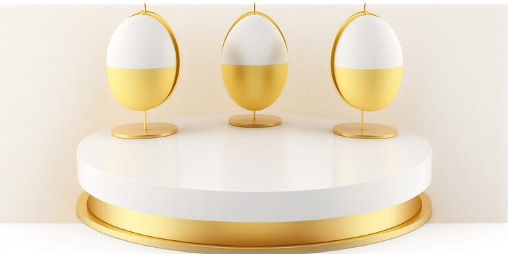 Pancarta de Pascua Demostración del producto Pedestal redondo o podio con huevos de Pascua dorados colgantes