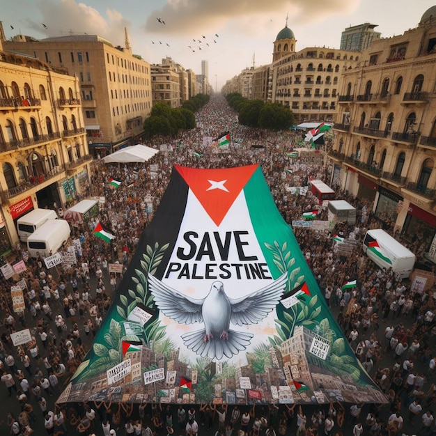 La pancarta de Salva Palestina se alza en medio de las protestas por la justicia en la bulliciosa plaza de la ciudad