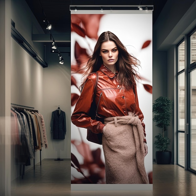 Una pancarta para una tienda de moda con una mujer en ella