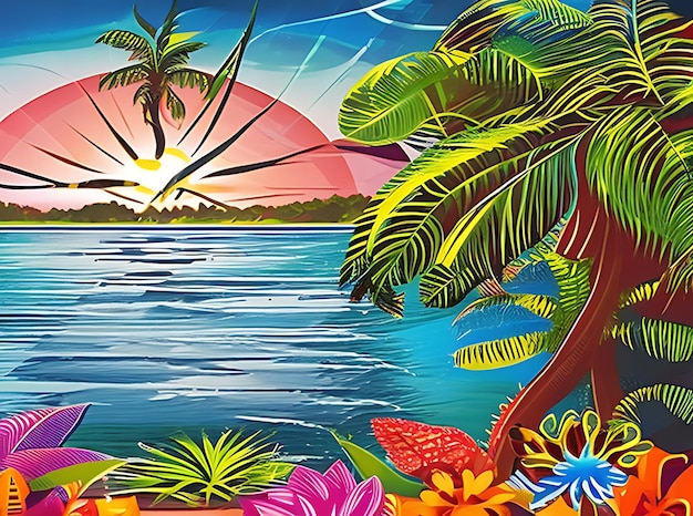 Una pancarta de verano con una isla tropical paradisíaca con una puesta de sol y vida salvaje exótica