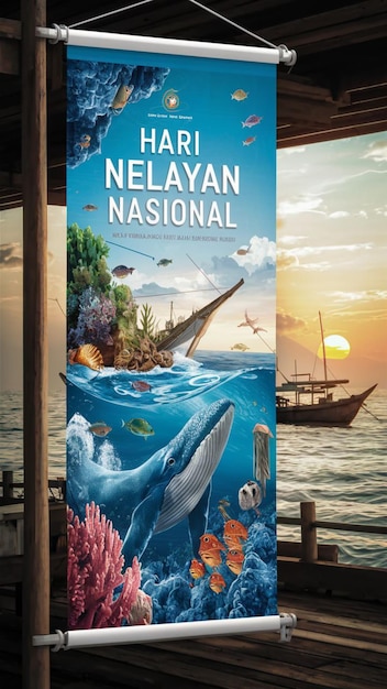 Foto una pancarta vibrante y llamativa titulada hari nelayan nasional