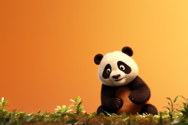 Panda 3d de dibujos animados en el bambú sobre fondo naranja brillante generado por IA