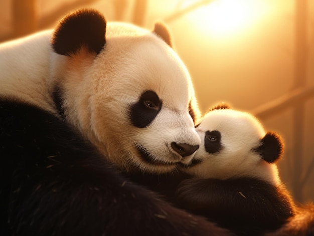 Foto panda abraçando seu filhote