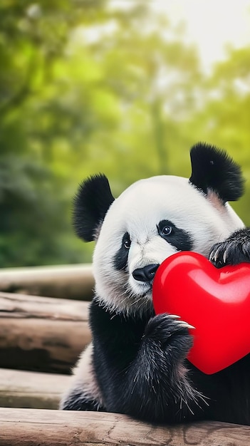 El panda abraza un corazón rojo