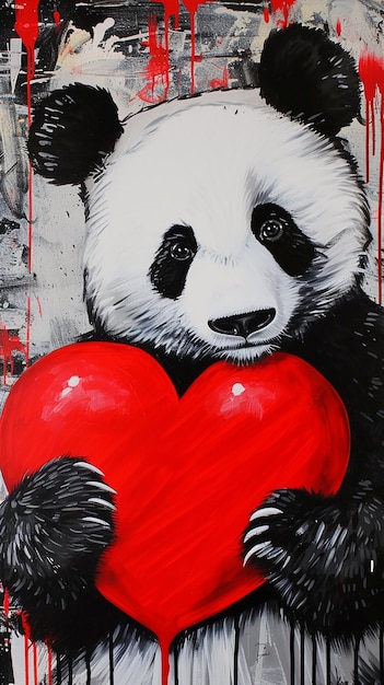 El panda abraza un corazón rojo