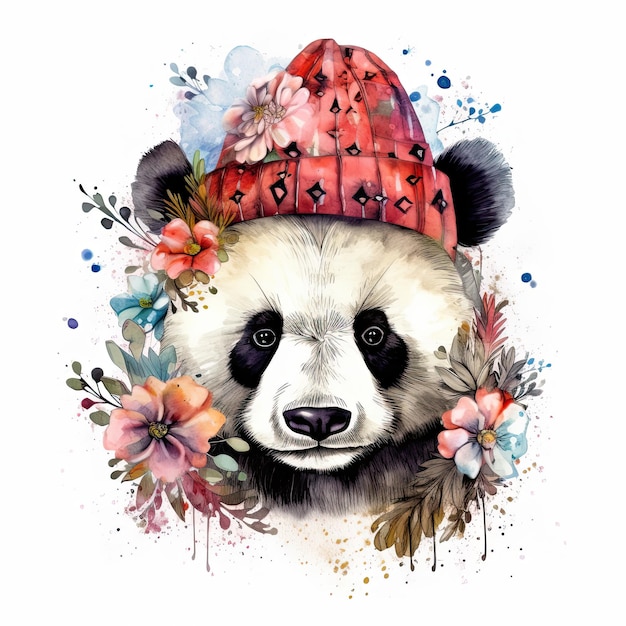 Panda de acuarela con sombrero con flores Ilustración AI GenerativexA