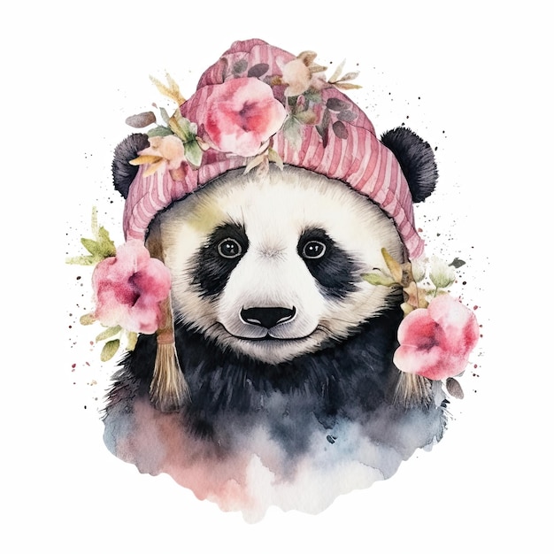 Panda de acuarela con sombrero con flores Ilustración AI GenerativexA