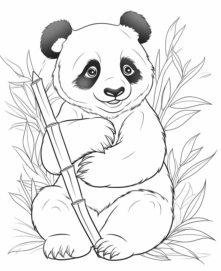 Foto panda adorável comendo bambu funfilled página de colorir para crianças