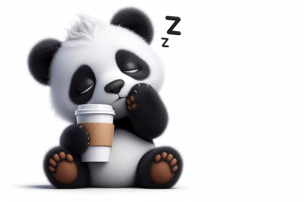 un panda adormecido sosteniendo una taza de café aislado sobre un fondo blanco sólido