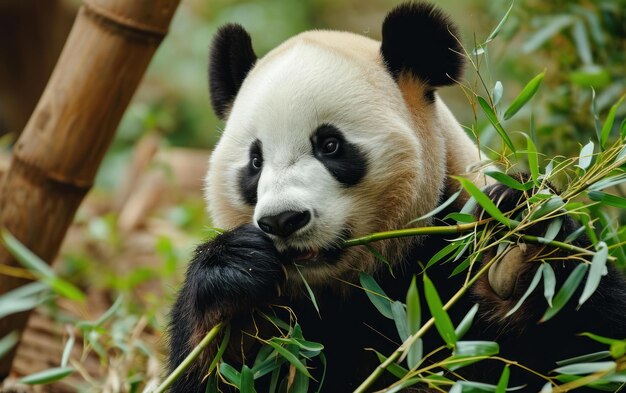 Panda agarrando y comiendo tallos de bambú