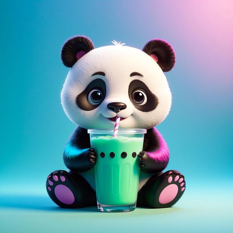 Foto un panda alegre con té de boba en un fondo mágico generado por la ia