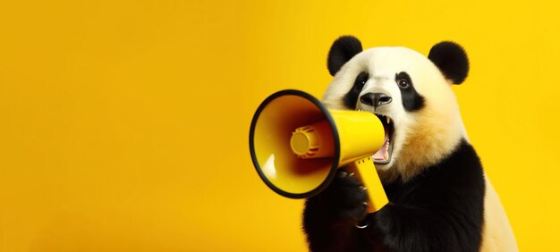 Panda con altavoz en fondo amarillo