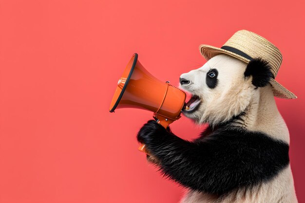 Foto panda anunciando con el megáfono notificando el anuncio de advertencia