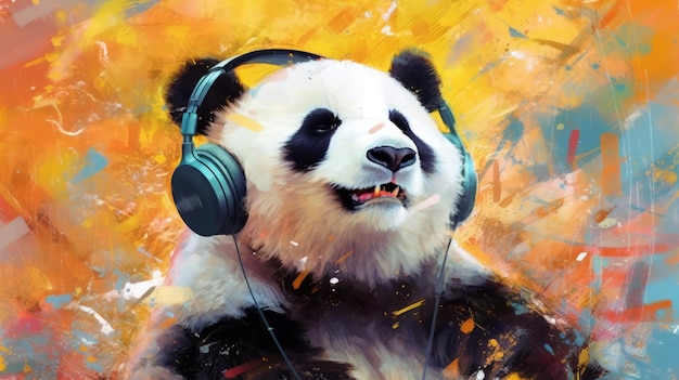 Un panda con auriculares y un fondo amarillo.