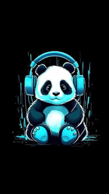 Foto panda con auriculares con fondo de papel tapiz de dibujos animados