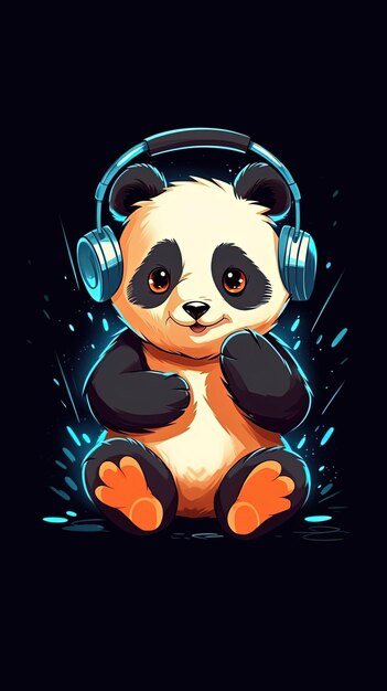 Foto panda con auriculares con fondo de papel tapiz de dibujos animados