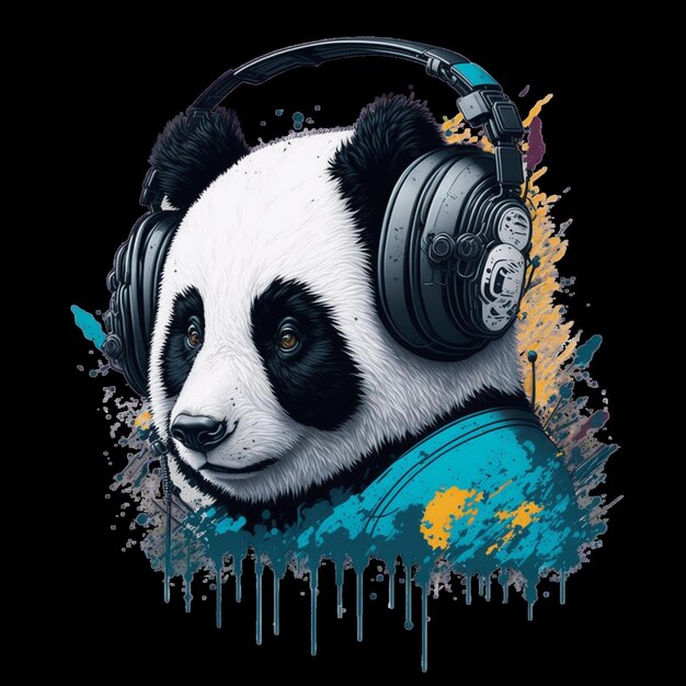 Foto panda con auriculares generativos en los oídos