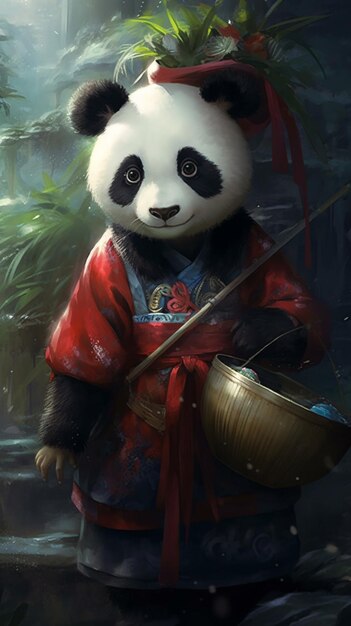 Foto panda-bär in traditionellem chinesischen kostüm, der einen bambuskorb hält