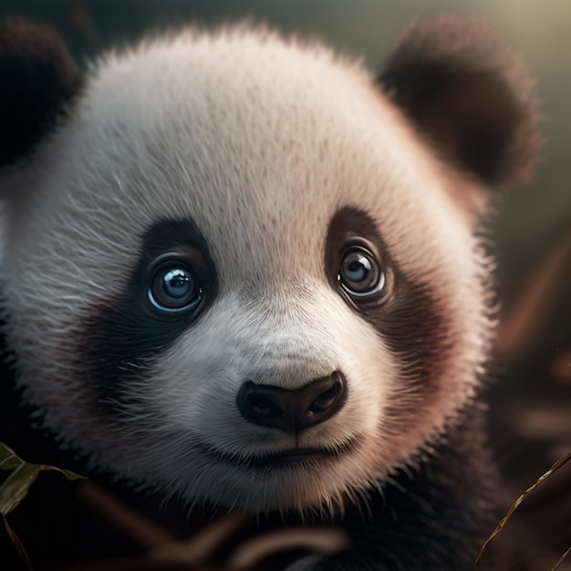 Panda-Bär mit blauen Augen sitzt in den Blättern eines Baumes generativ ai