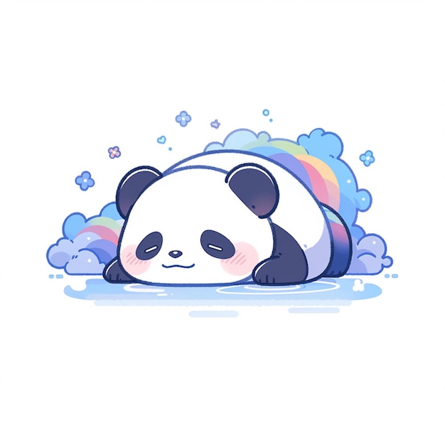 Panda-Bär schläft auf dem Boden mit einem Regenbogen im Hintergrund
