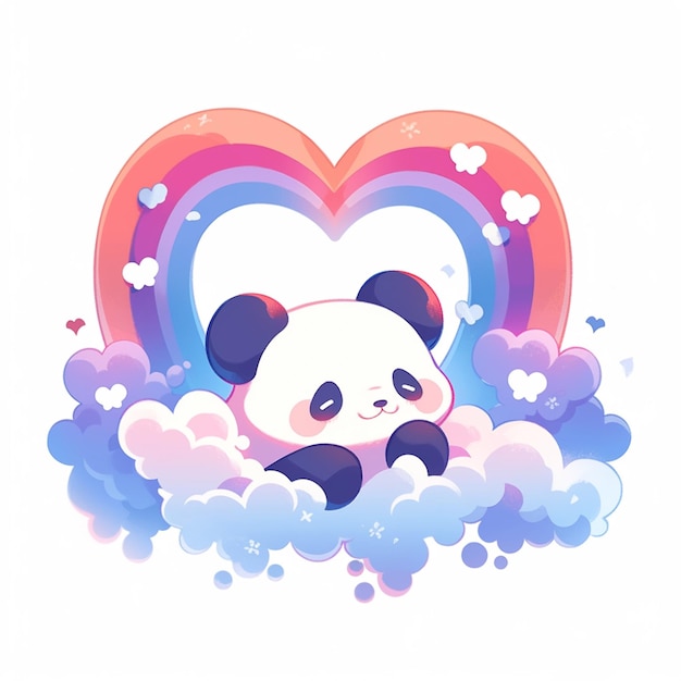 Panda-Bär sitzt auf einer Wolke mit einem Regenbogen in der Form einer herzförmigen Wolke