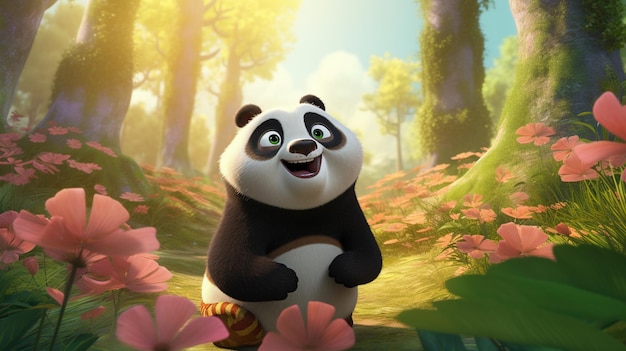 Panda-Bär steht mitten in einem Wald mit Blumen.