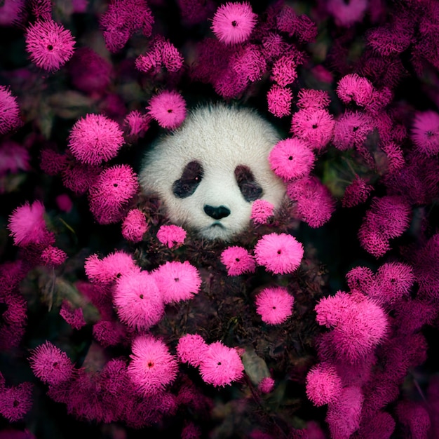 Panda-Bär versteckt sich in einem Busch mit rosa Blumen