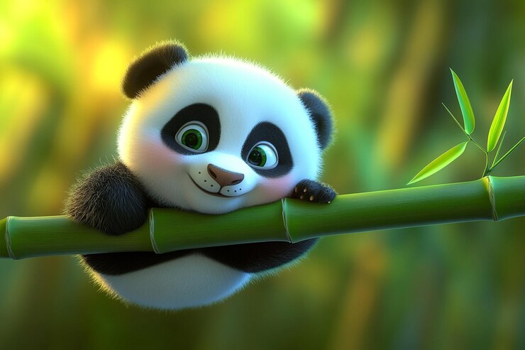 Foto un panda bebé en 3d se desliza por un brote de bambú