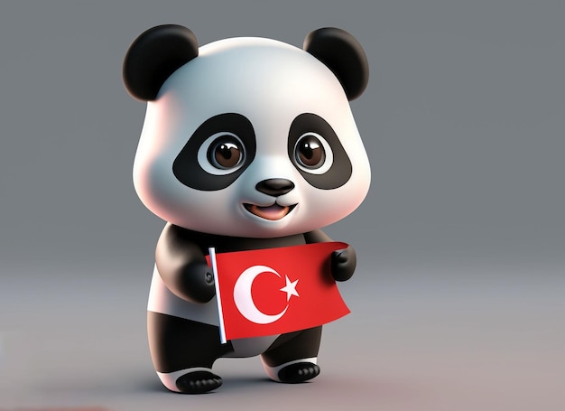 panda bebê fofo 3d segurando a bandeira turca com fundo sólido