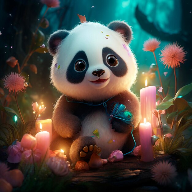 Panda bonito cercado por elementos inspirados em ilustrações justas