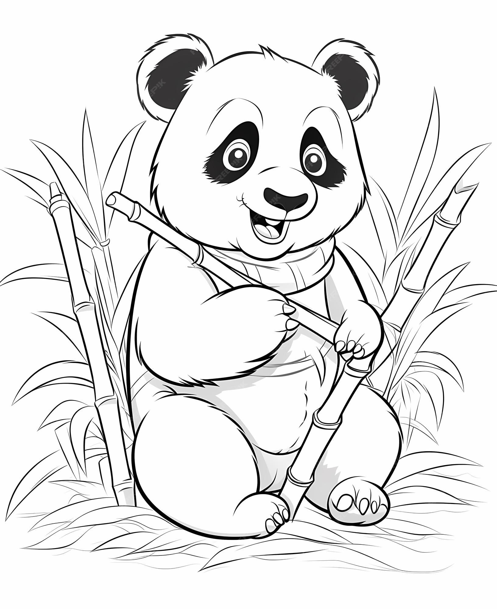 Desenhos animados de panda comendo bambu para colorir para crianças