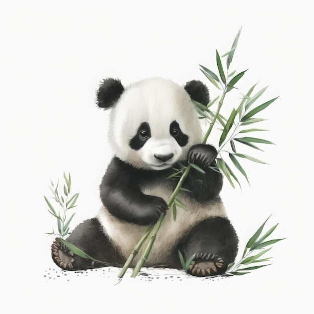 Panda bonito comendo folhas de bambu na pintura em aquarela