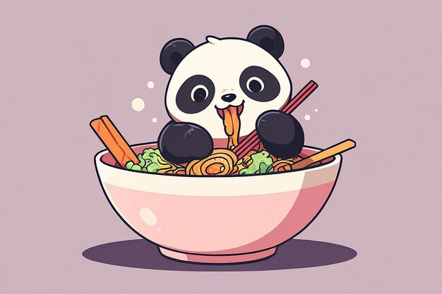Panda bonito comendo macarrão Ramen Ilustração de ícone vetorial de desenho animado