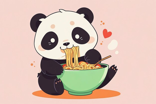 Panda bonito comendo macarrão Ramen Ilustração de ícone vetorial de desenho animado