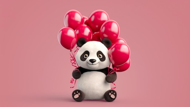 Panda bonito dos desenhos animados com balões em um fundo rosa