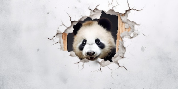 Panda bonito espreitando de um buraco na parede buraco rasgado maquete de quadro de espaço de cópia vazio Weber de imagem de IA generativa