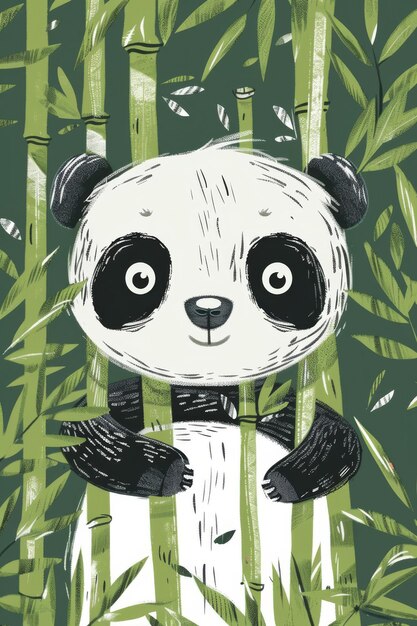 Foto panda bonito na floresta de bambu ilustração crianças desenho estilo