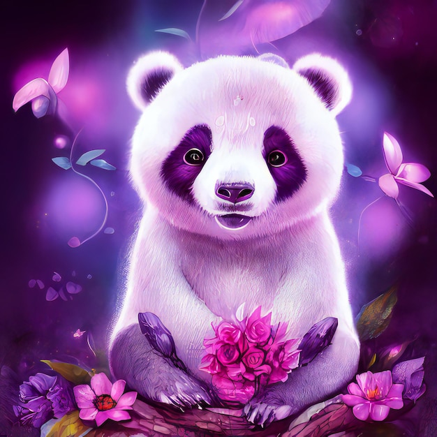 panda bonito sentado em uma ilustração de flores roxas