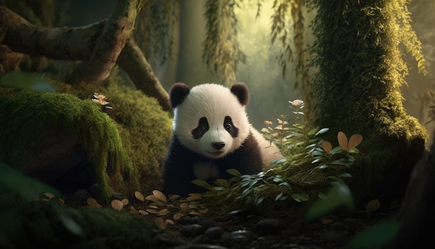 Panda en un bosque con un árbol al fondo