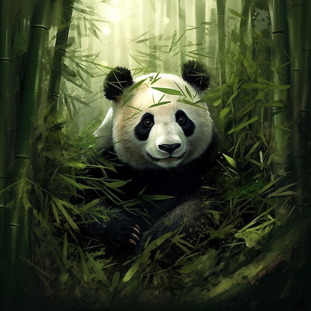 un panda en un bosque de bambú con bambú en el fondo.