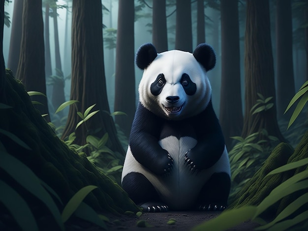 Un panda en un bosque de fondo verde.