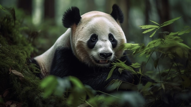 Un panda en el bosque con hojas verdes.