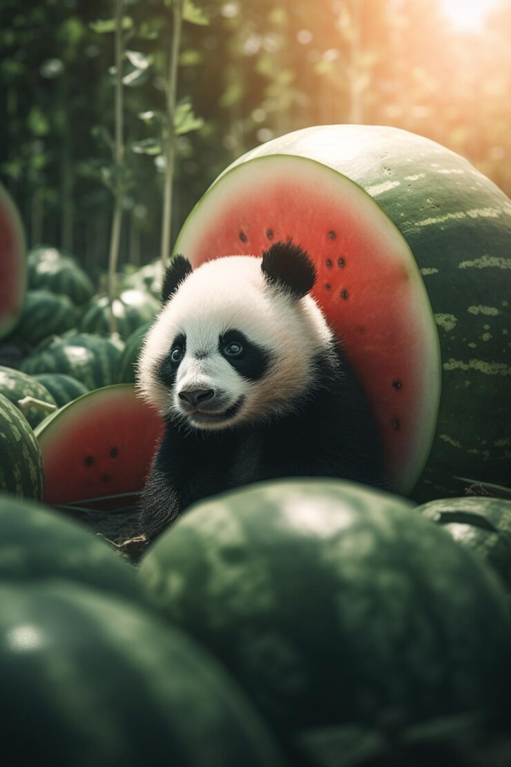 Foto un panda en un bosque de sandías