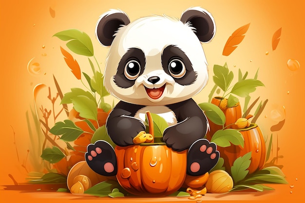 Panda con calabazas y calabazas en la ilustración de fondo de otoño Cartoon