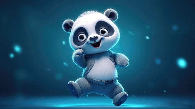 Un panda camina sobre un fondo azul.