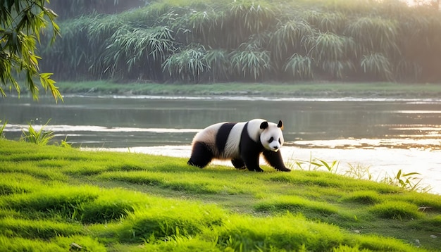 Panda caminhando na margem do rio