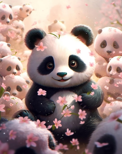 Un panda en un campo de flores rosas.