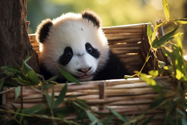 un panda en una canasta con bambú en el fondo