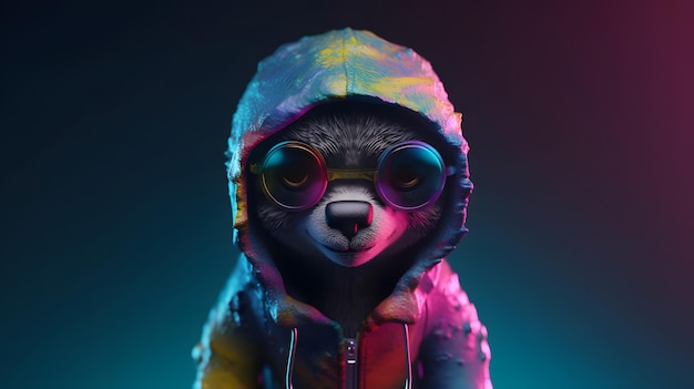 Un panda con capucha y gafas se sienta frente a una colorida luz de neón