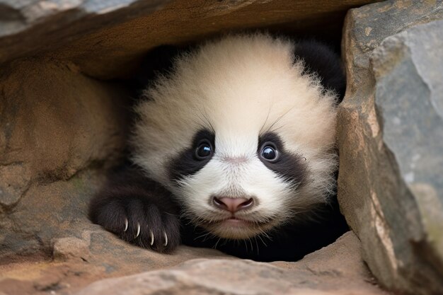 un panda con una cara negra y blanca y ojos azules